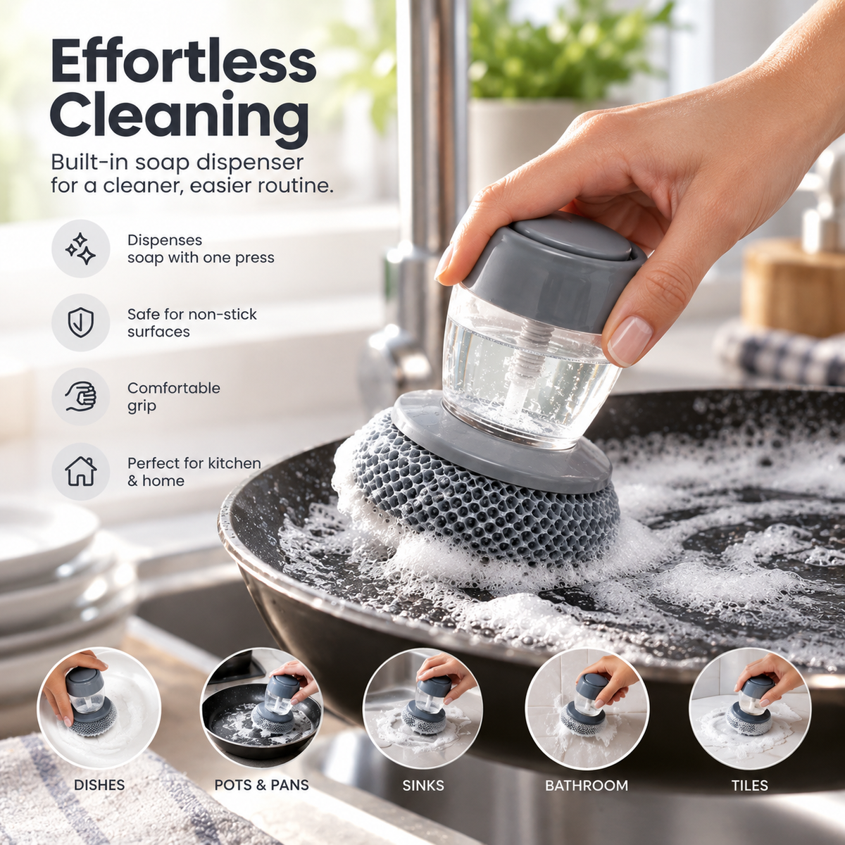 UltraCLEAN™ Self-Filling Soap Dish Brush — Grease-Cutting Scrubber for Dishes, Pans & Sink